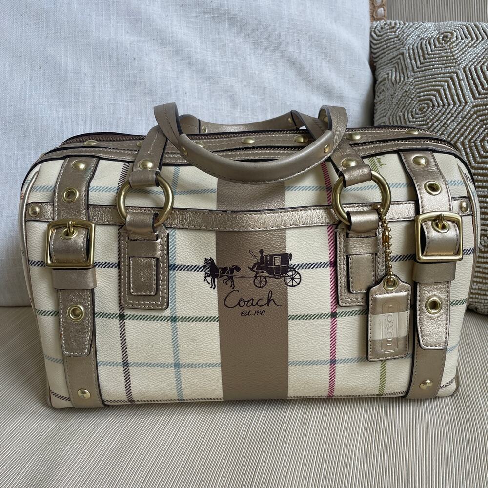 Rare Coach Heritage Stripe Tattersall Gold XL Satchel 13040 Plaid, Metallic NWOT